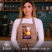 Фартух краса моя сила, бежевий на жінці, кухня, бренд Згадка.