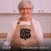 Фартух кругом одні нєрви, бежевий на бабусі, фон кухні, усмішка, бренд Згадка.