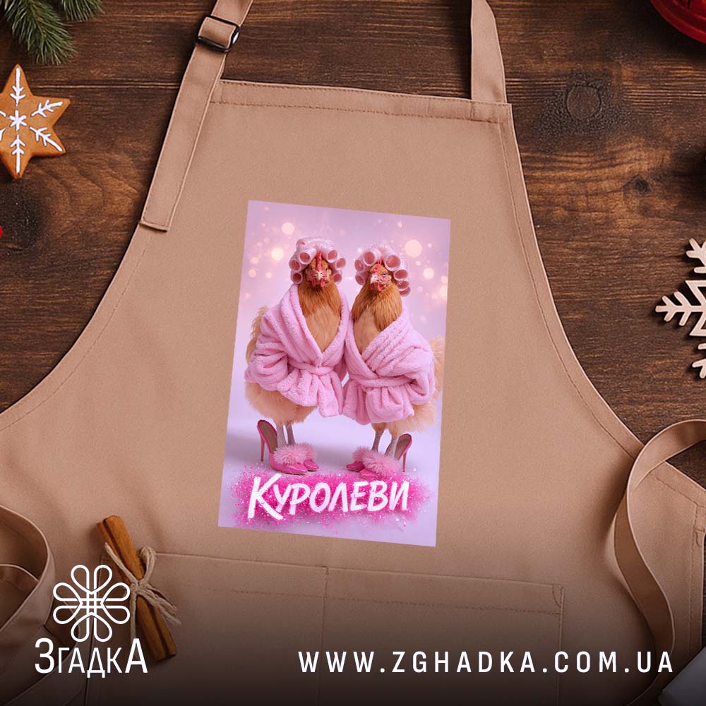 Фартух куролеви гламурні курочки, бежевий, на дерев'яному фоні, бренд Згадка.