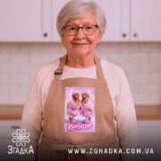 Фартух куролеви гламурні курочки, бежевий, на жінці з сивим волоссям, бренд Згадка.