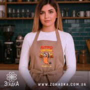 Фартух літросексуал подарунок для пивоманів, бежевий, на жінці, кухня на фоні, бренд.