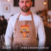 Фартух літросексуал подарунок для пивоманів, бежевий, на чоловікові, кафе на фоні, бренд.