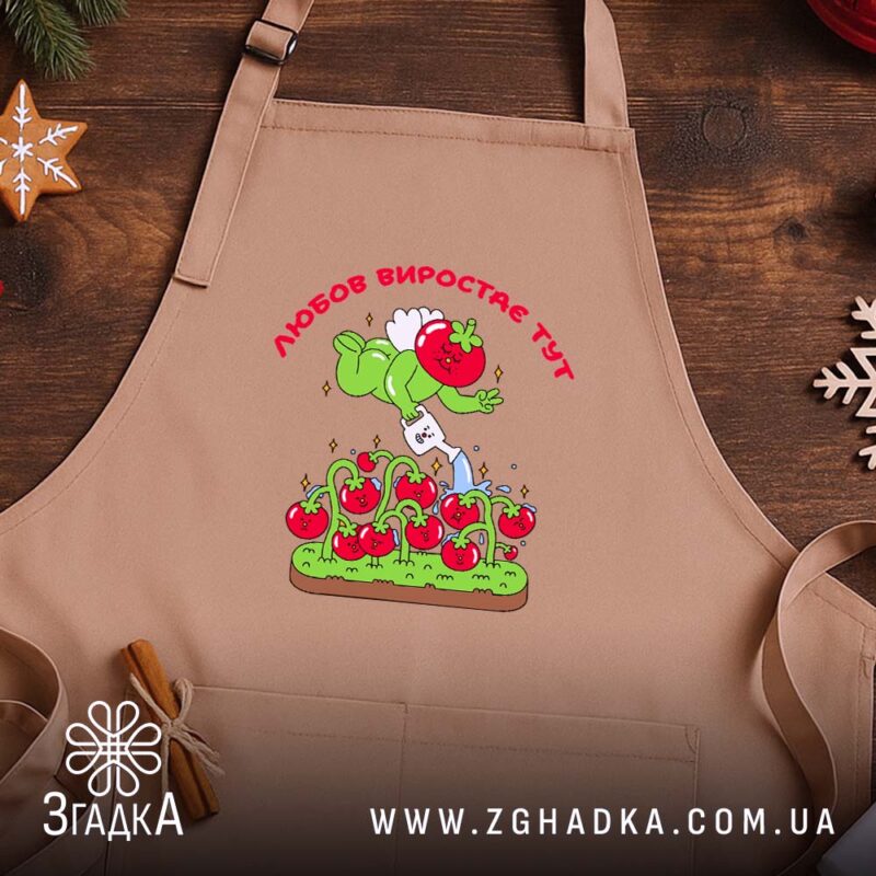 Фартух Любов до томатів, бежевий фон, дерев'яний стіл, принт з помідорами, бренд.