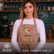 Фартух Любов до томатів, бежевий, на моделі, кухня на фоні, принт з.