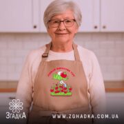 Фартух Любов до томатів, бежевий, на жінці, кухня на фоні, принт з.