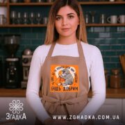 Фартух мавпочка Панч будь добрим, бежевий, на моделі з кухонним фоном, бренд.