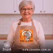 Фартух мавпочка Панч будь добрим, бежевий, на жінці в кухні, бренд Згадка.