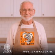 Фартух мавпочка Панч будь добрим, бежевий, на чоловікові з білою бородою, бренд.