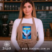 Фартух мій вайб з крутим принтом, бежевий, на дівчині, фон кухні, бренд.