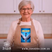 Фартух мій вайб з крутим принтом, бежевий, на жінці, фон кухні, бренд.