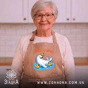 Фартух морський котик і качечки, бежевий, на жінці, світла кухня, бренд Згадка.