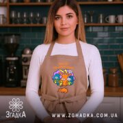 Фартух мрій по-крупному з котиком, бежевий, на моделі в кухні, бренд Згадка.