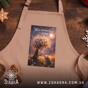 Фартух мрія починається з дива, бежевий, на дерев'яному фоні, бренд Згадка.