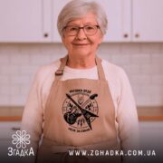 Фартух музика веде мене за собою, бежевий колір, жінка з окулярами, бренд.