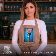 Фартух на своїй хвилі з жирафою, бежевий, на моделі в кухні, бренд.