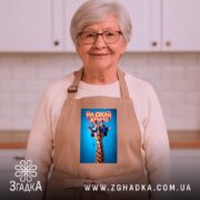 Фартух на своїй хвилі з жирафою, бежевий, на жінці в кухні, бренд.