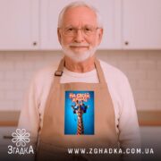 Фартух на своїй хвилі з жирафою, бежевий, на чоловікові з сивим волоссям,.