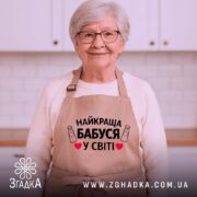 Фартух найкраща бабуся, бежевого кольору, зображений з фронтального ракурсу на манекені, фон світлий, принт з текстом "НАЙКРАЩА БАБУСЯ У СВІТІ" з малюнками пляшок та сердечок.