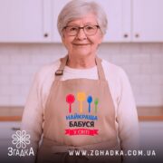 Фартух найкраща бабуся у світі, бежевого кольору, зображений на манекені, фон світлий, принт містить червоний, жовтий, зелений та синій кольори кухонного приладдя.