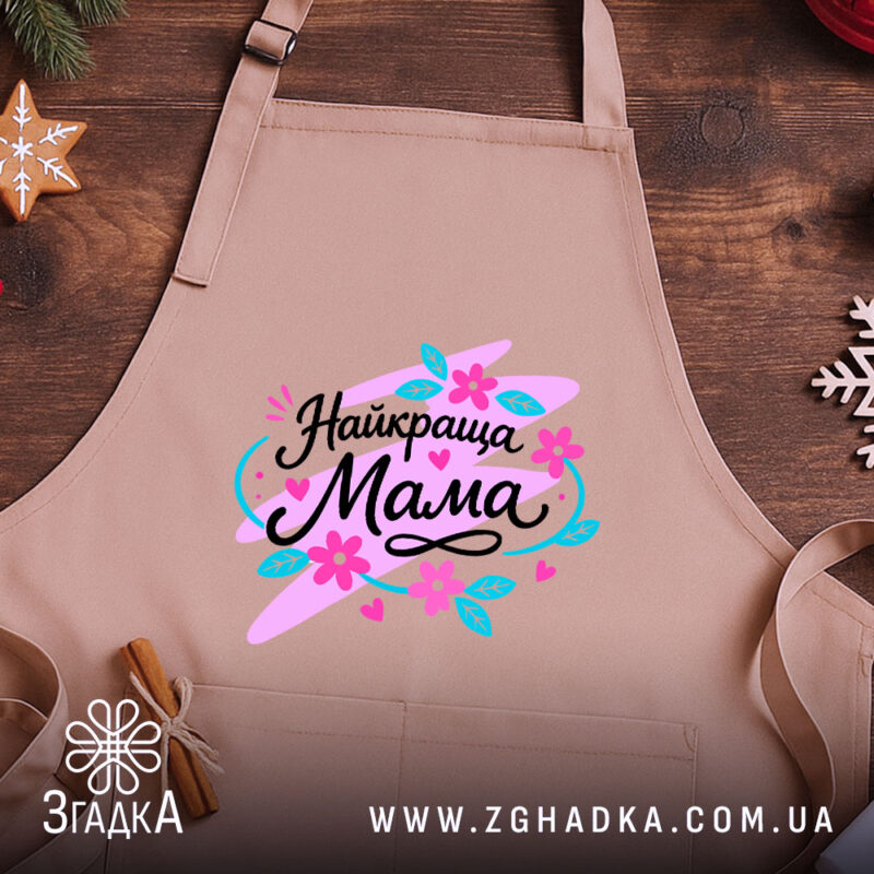 Фартух найкраща мама, бежевого кольору, зображений на дерев'яному фоні, деталі принта з написом 'Найкраща Мама' в яскравих кольорах, поряд з декором на святкову тематику.