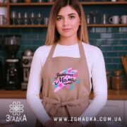 Фартух найкраща мама, бежевого кольору, на жінці з довгим волоссям, фон кухонний з дерев'яними полицями, принт з написом 'Найкраща Мама' в яскравих кольорах.