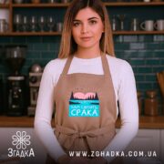 Фартух нам світить срака, бежевий, на моделі, кухня, бренд Згадка.