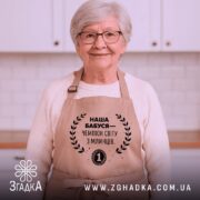 Фартух наша бабуся, бежевий колір, зображений на манекені з нейтральним фоном, принт чорного кольору з текстом і вінком.