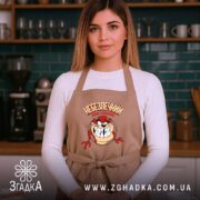 Фартух небезпечний коли голодний, бежевий на моделі, кухня на фоні, бренд Згадка.