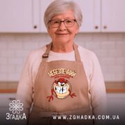 Фартух небезпечний коли голодний, бежевий на жінці, кухня на фоні, бренд Згадка.