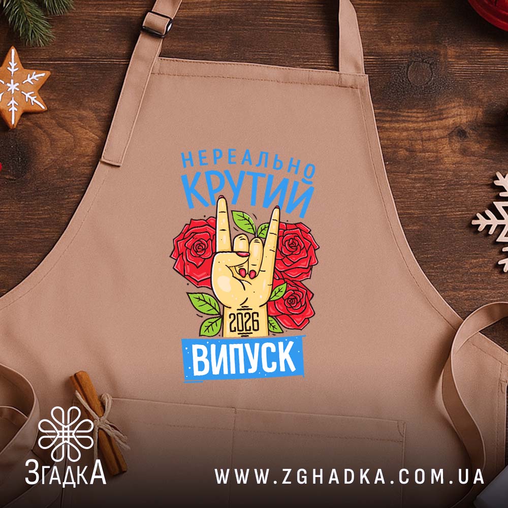 Фартух нереально крутий випуск 2026, бежевий, на дерев'яному фоні, бренд Згадка.