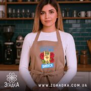 Фартух нереально крутий випуск 2026, бежевий, на жінці в кухні, бренд Згадка.