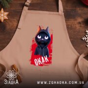 Фартух окак мем з котом, бежевий, на дерев'яному фоні, бренд Згадка.