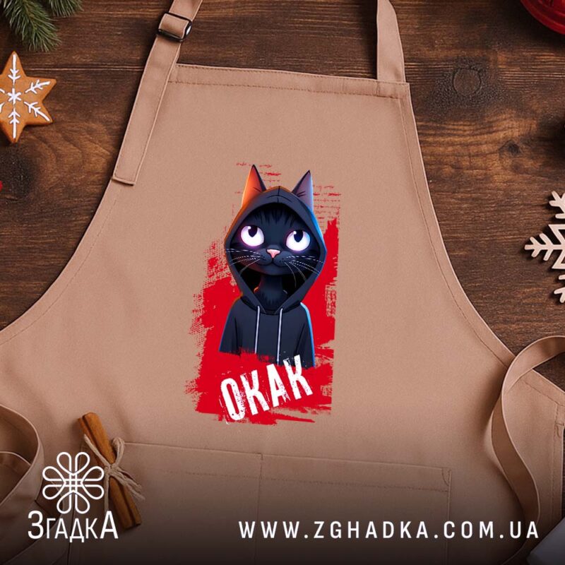 Фартух окак мем з котом, бежевий, на дерев'яному фоні, бренд Згадка.