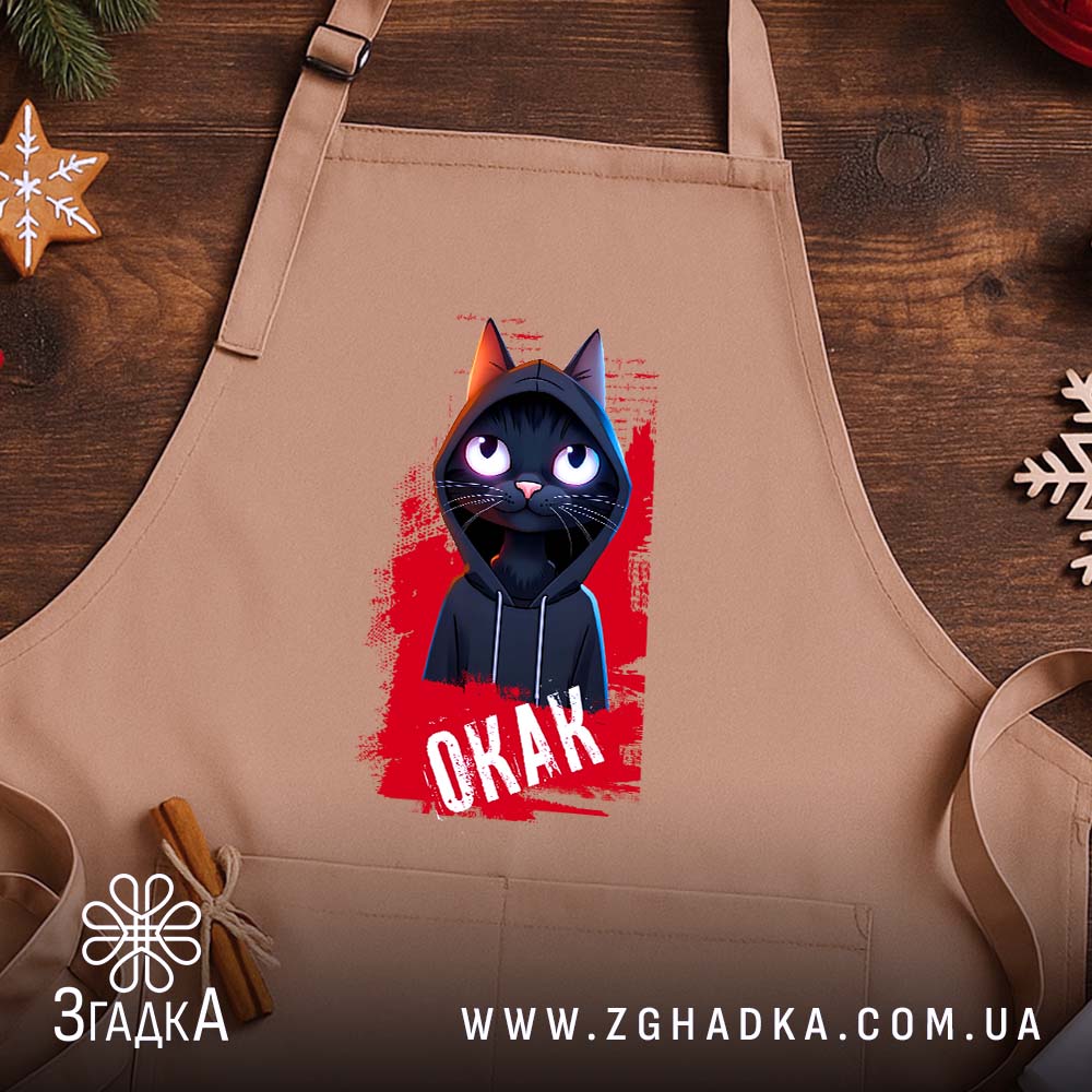 Фартух окак мем з котом, бежевий, на дерев'яному фоні, бренд Згадка.