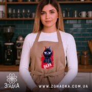 Фартух окак мем з котом, бежевий, на жінці, кухня на фоні, бренд.