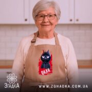 Фартух окак мем з котом, бежевий, на бабусі, світла кухня на фоні,.