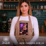 Фартух паска понад усе великодній стиль, бежевий, на моделі в кухні, бренд.