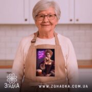 Фартух паска понад усе великодній стиль, бежевий, на жінці з окулярами, бренд.