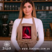 Фартух переходь на темний бік, бежевий, на моделі в кухні, бренд Згадка.