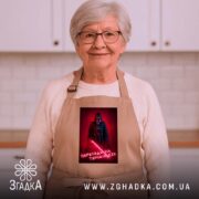 Фартух переходь на темний бік, бежевий, на жінці в кухні, бренд Згадка.