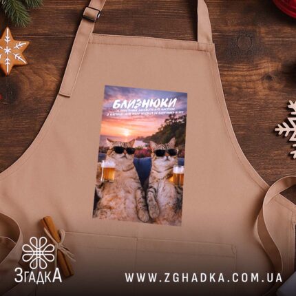 Фартух подарунок для Близнюків, бежевий, на дерев'яному фоні, бренд Згадка.