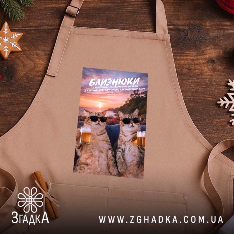 Фартух подарунок для Близнюків, бежевий, на дерев'яному фоні, бренд Згадка.