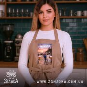 Фартух подарунок для Близнюків, бежевий, на дівчині в кухні, бренд Згадка.