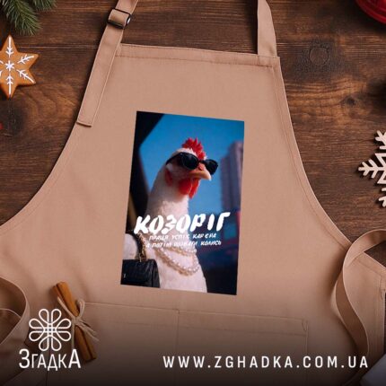 Фартух подарунок для Козорога, бежевий на дерев'яному фоні, бренд Згадка.