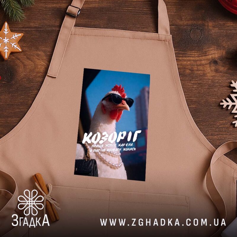 Фартух подарунок для Козорога, бежевий на дерев'яному фоні, бренд Згадка.