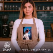 Фартух подарунок для Козорога, бежевий на моделі в кухні, бренд Згадка.