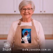 Фартух подарунок для Козорога, бежевий на жінці з окулярами, бренд Згадка.