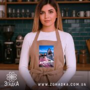 Фартух подарунок для Водолія, бежевий на моделі в кухні, бренд Згадка.