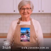 Фартух подарунок для Водолія, бежевий на жінці в кухні, бренд Згадка.