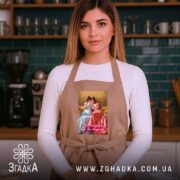 Фартух Подрузі для чаювання, бежевий, на моделі в кухні, бренд Згадка.